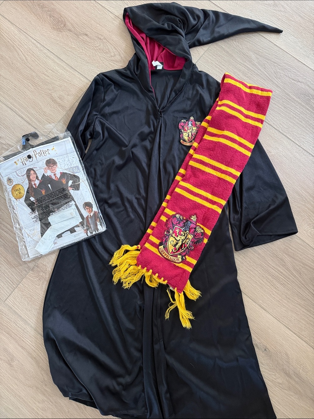 Warner Bros. Black Hooded Wizard Robe with Red & Gold Striped Scarf